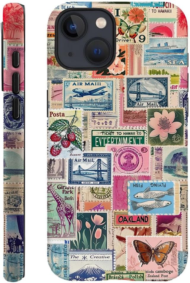 DAIZAG Case Compatible with iPhone 14,Fit Shockproof Cover for Women Girls,Retro Stamp Collage