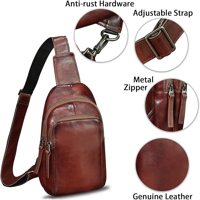 Genuine Leather Sling Bag for Women and Men Vintage Handmade Leather Sling Backpack Shoulder Crossbody Bag Chest Purse