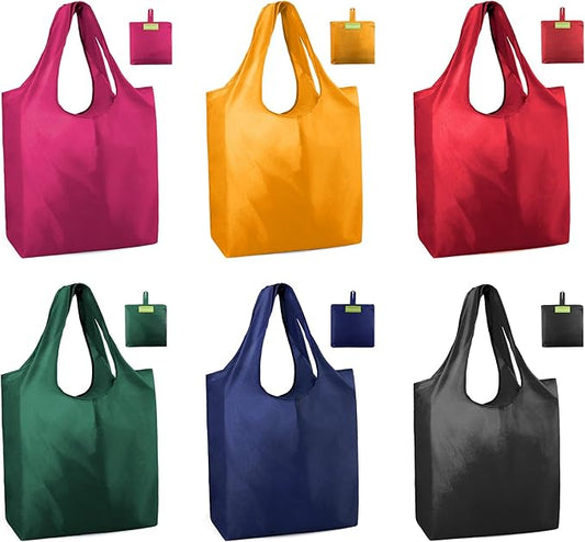 BeeGreen Colorful Reusable Grocery Bags 6 Pack, Heavy Duty Totes for Women, Foldable Grocery Bag Large Shopping Totes with Handles for Work, Travel, Gift, Store, Polyester Washable Reusable Tote Bag