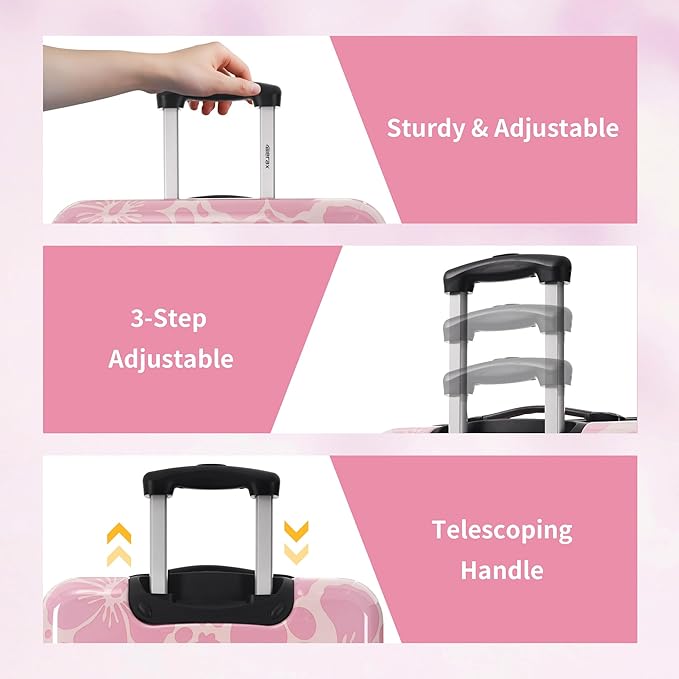 Merax Luggage Sets 3 Piece, Hardside Suitcase Set with Spinner Wheels, Lightweight Printing Luggage Carry on,20+24+28 IN,Pink