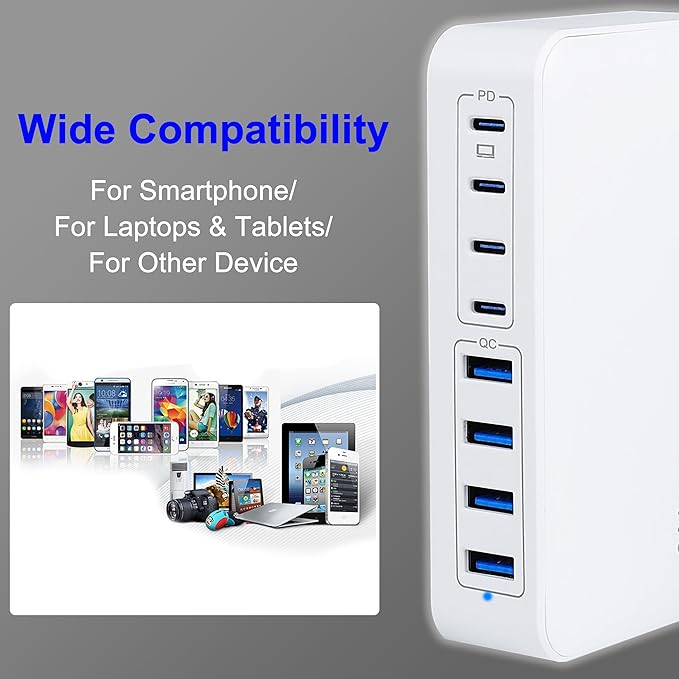 GaN 200W 8-Port USB Fast Charging Station | PD 65W Laptop & Multi-Device Adapter | Compatible with MacBook Pro/Air, iPhone 16/15/14, Galaxy S23/22 (White)