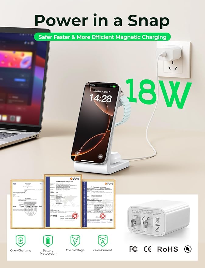 3 in 1 Wireless Charging Station for Apple Mag Safe Charger, 15W Fast Mag-Safe Charger Stand Compatible with iPhone 17 16 15 14 13 12, Apple Watch Charger & Airpods, Gifts for Wife & Husband, White
