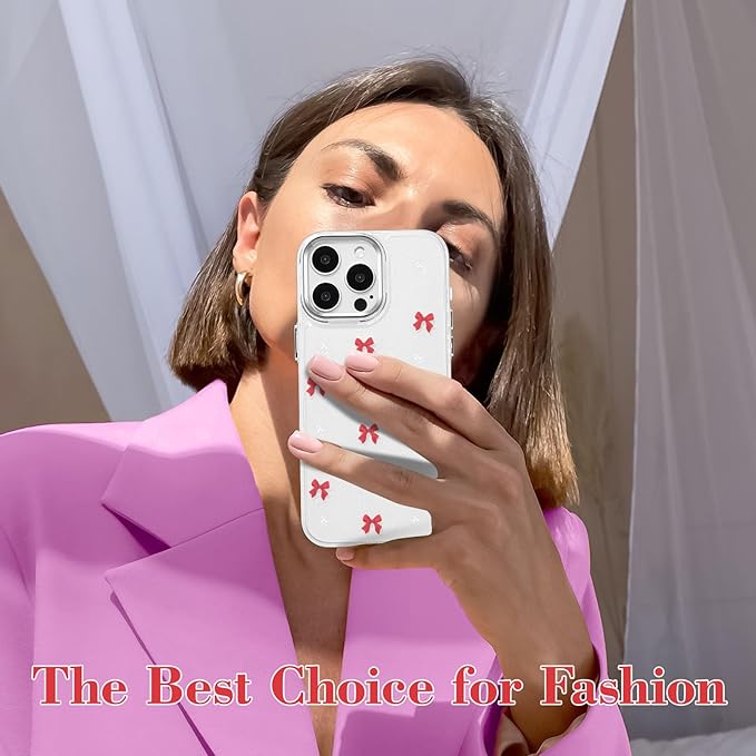 EYZUTAK Case for iPhone 15 Pro Max, Bling Glitter 3D Bowknot Phone Case Cute Sparkly Crystal Clear Bow Aesthetic Design Case Slim Soft Durable TPU Transparent Protective Cover for Women Girl-Red Bow