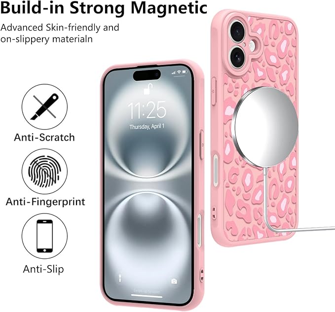 KANGHAR Case for iPhone 16 Pink Leopard Printed Pattern Cute Cheetah [Compatible with Magsafe] Protective Magnetic Case for Girls Women 6.1"