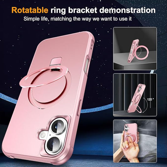 Compatible with iPhone 16 Plus Case with Invisible Magnetic O-Ring Stand Military-Grade Case for iPhone 16 Plus 6.7" [Compatible with Mag-Safe][Great Grip Feeling], Rose Gold