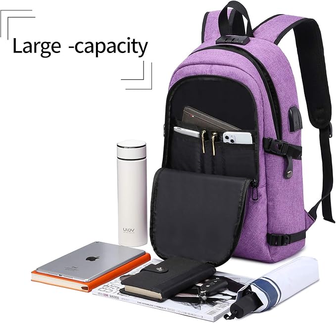 Laptop Backpack for Women,Business Backpack Anti-Theft Backpack with USB Charging Port and Lock 15.6 Inch Computer Backpacks for Women Men,Purple
