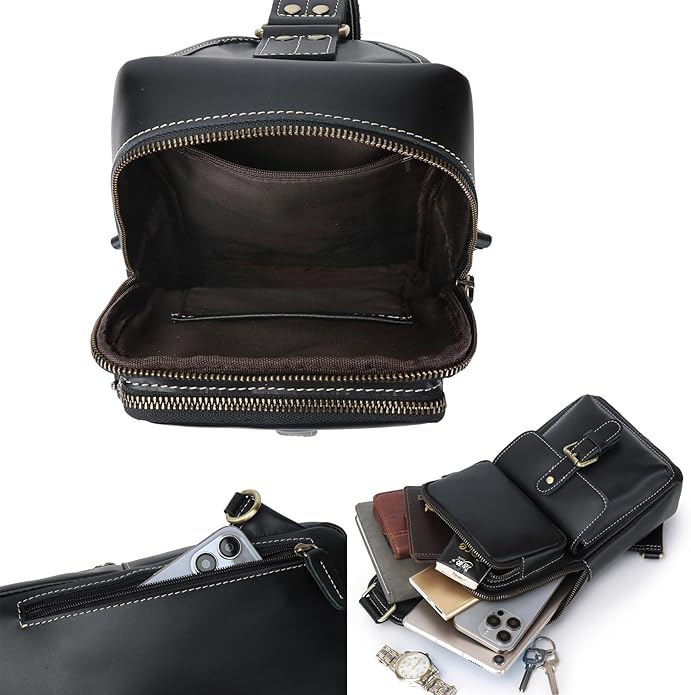 Genuine Leather Sling Bag for Men Women Backpack Chest Shoulder Satchel Crossbody Bags Casual Outdoor Daypack