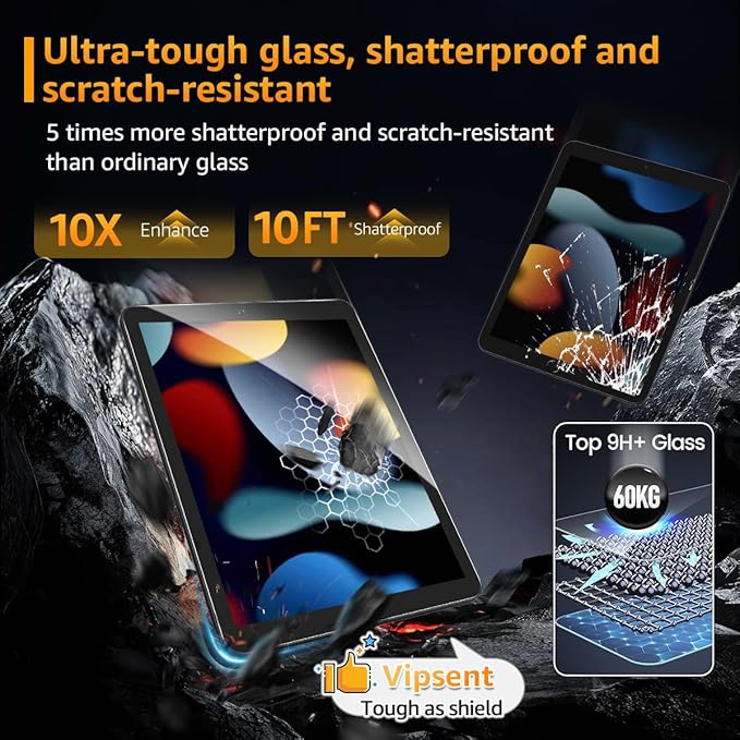 2-Pack Glass Screen Protector for iPad 10.2-in.(9th 8th 7th Gen) Military Shatterproof, 9H+ Hardness, Auto-Alignment Frame, Anti-Fingerprint, HD Clear, Scratch Resistant