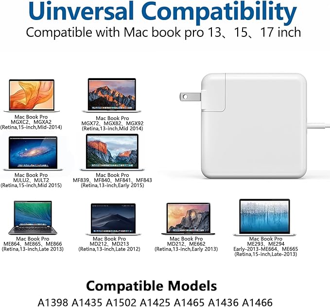 Mac Book Pro Charger 85W Power Adapter T-Tip Connector Replacement AC, Laptop Charger 2015 Compatible with Mac Book Pro 13 inch-15 inch for A1502 A1398