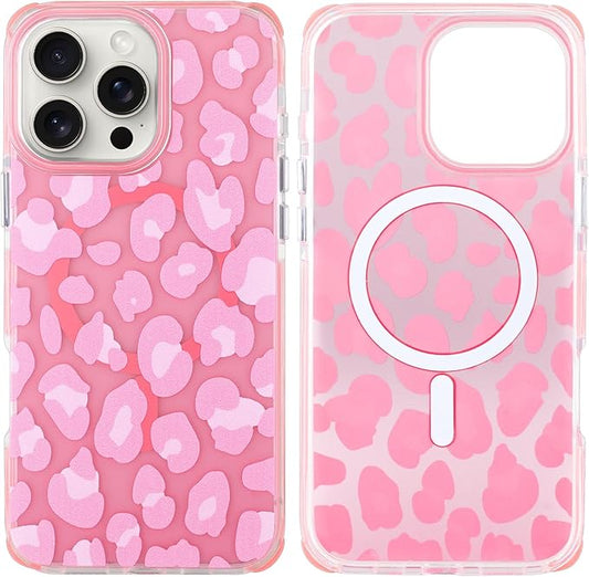 SAKUULO Magnetic for iPhone 16 Pro Case Pink Leopard Print Pattern [Compatible with MagSafe] [with Screen Protector] Wireless Charge Strengthen Protection Cover, Pink Leopard (6.3")