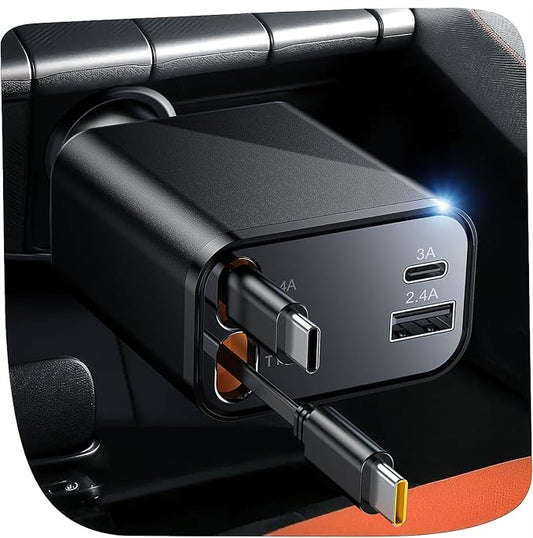 Temdan Retractable Car Charger, 4 in 1 Fast Charger USB C Car Truck Accessories, Travel Essentials Gifts for Women Men, Car Accessories for iPhone 17 Pro Max Air 16 15 14 13 Plus,Galaxy,Pixel-Black