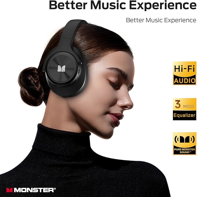Monster Mission 200 Bluetooth Headphones, Wireless Headphones with 3 EQ Modes, Low Latency HiFi Stereo Foldable Lightweight Headset, 60H Playtime,Deep Bass for Home Office Cellphone PC Ect