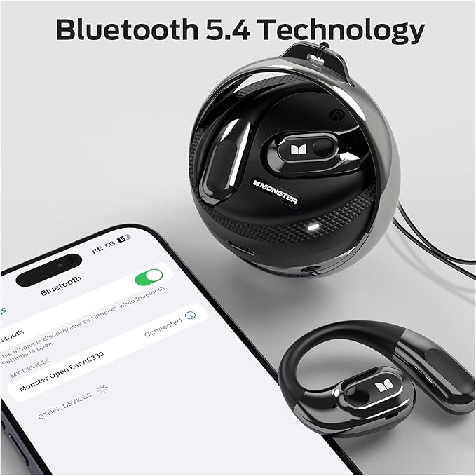 Monster Open Ear Headphones AC330, Wireless Earbuds Bluetooth 5.4 with Clear Talk, Stylish Rotating Case with Lanyard, Type-C Charging, Comfort Fit, 24H Playback, IPX5 Water Resistant, Black