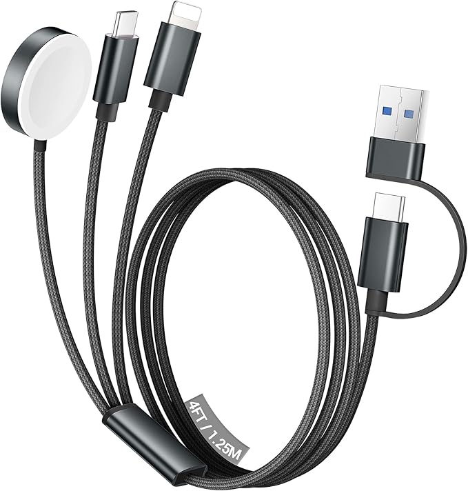 Temdan for Travel Vacation Essentials,3 in 2 USB C Cable for Apple Watch Charger/iPhone 17 Charger/Lightning,Multi Charging Cable Cord,Camping Essentials,Designed for iWatch &iPhone 16-12-4FT Black