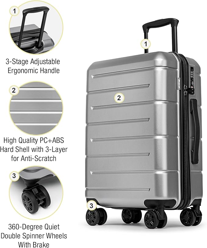 KYME Carry On Luggage 22x14x9 Airline Approved with Cup Holder Hardside Carry On Suitcase with Spinner Wheels Hardshell Travel Rolling 22 Inch Luggage with TSA Lock for Women Men Silver