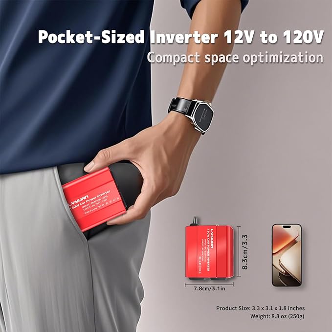 150W Power Inverter, LVYUAN Inverter 12V DC to 110V AC Car Plug in Adapter Outlet Dual 6.2A Charging USB Vehicle Converter for Phone, Laptops, Road Trip Charger