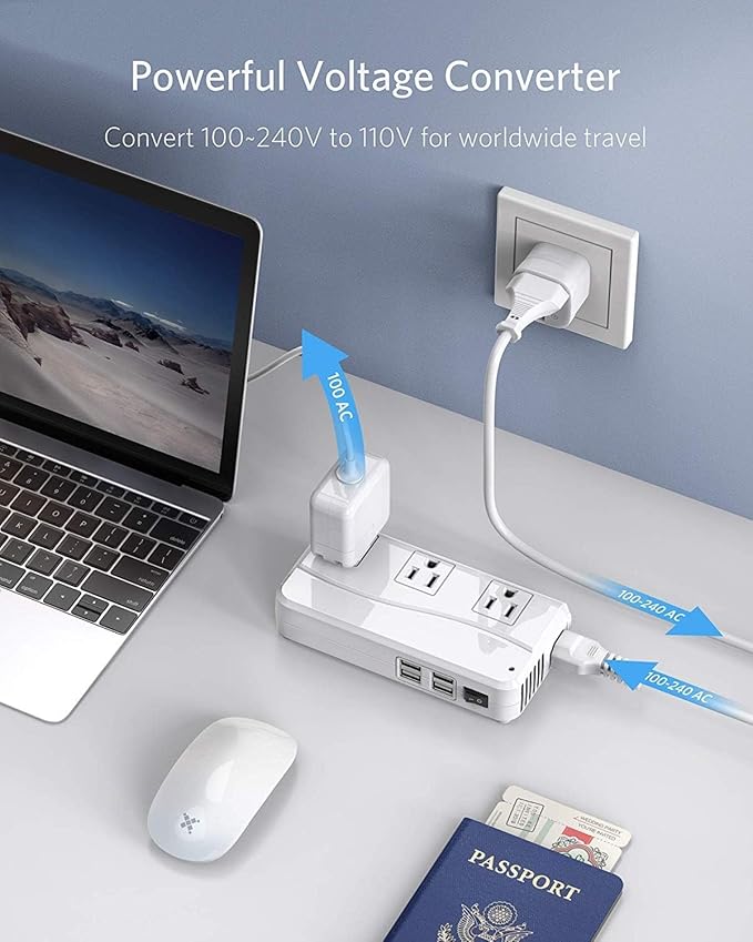 BESTEK Universal Travel Adapter 100-220V to 110V Voltage Converter 250W with 6A 4-Port USB Charging 3 AC Sockets and EU/UK/AU/US/India Worldwide Plug Adapter (White)