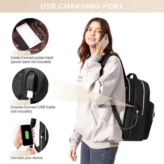 LOVEVOOK Laptop Backpack Purse for Women, Large Capacity Travel Computer Work Bag, Faux PU Leather Quilted Casual Nurse Backpack for Womens, Fit 15.6 Inch Laptop with USB Port, Black