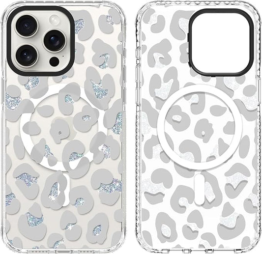 SAKUULO Magnetic for iPhone 15 Pro Max Case Clear Gray Leopard Print Pattern [Compatible with MagSafe] Wireless Charge Strengthen Protection Cover, Gray Leopard (6.7")