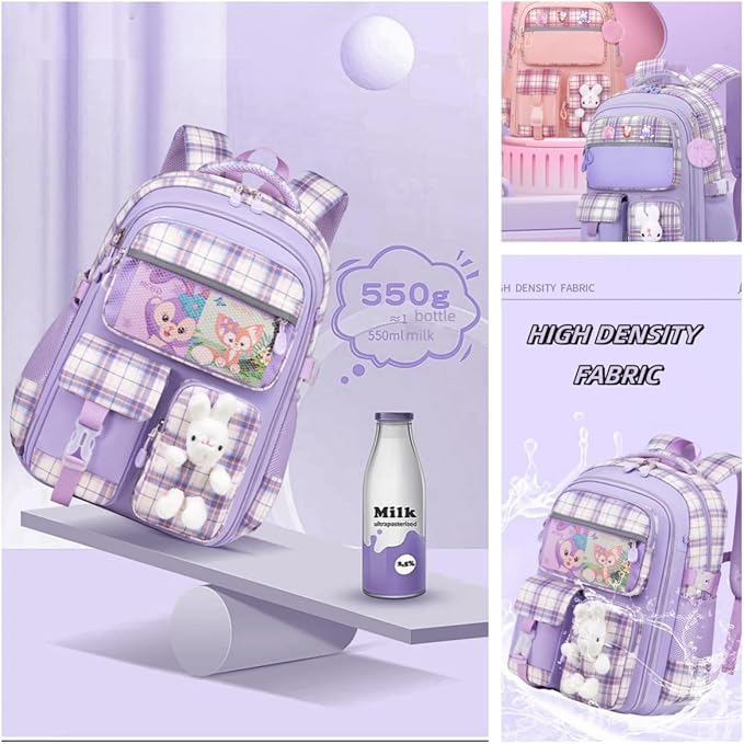 Girl Backpack for School Kids, Pink Cute Bookbag with Lunch Box Rainbow Elementary School Bag Pencil Case (Pink,3Pcs Set)