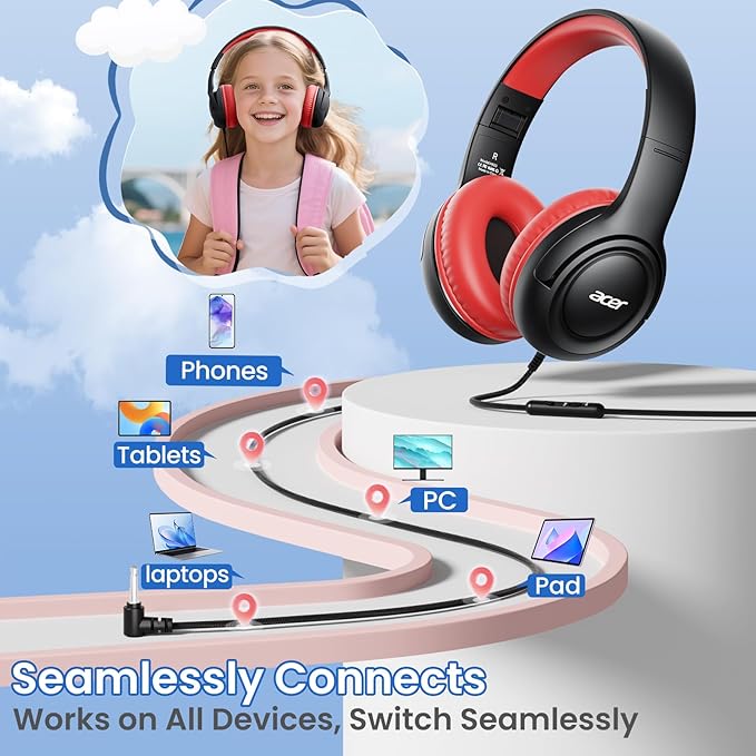 acer Kids Headphones Wired for School - Over-Ear 85/94dB Volume Limiter, 3.5mm Jack Foldable Stereo Sound Headset for Toddlers Girls Boys Travel Learning Entertainment Tablet Kindle iPad PC Black Red
