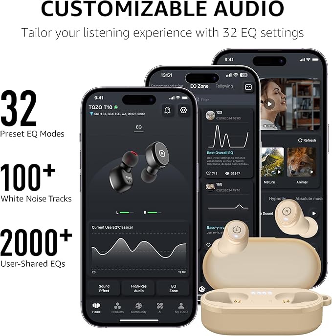 TOZO T10 Wireless Earbuds Bluetooth 5.3 Headphones, App Customize EQ, Ergonomic Design, 55H Playtime, Wireless Charging Case, IPX8 Waterproof Sound in-Ear Headset, 2025 New Version