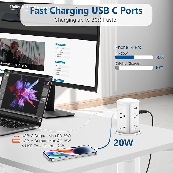 Pop up Outlet for Countertop,3.15-inch Hole Desk Grommet Power,8 Outlets 4 USB,20W USB C Fast Charging,Kitchen Island Pop Up Electrical Outlet