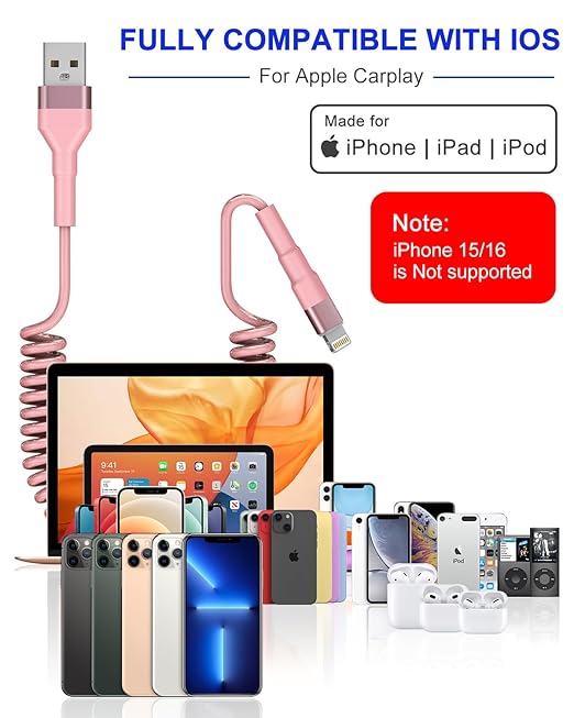 Pink Car Charger Cable - Coiled Lightning Cable for Apple CarPlay with 480Mbps Data Sync LED [MFi Certified], Fast Charging Short USB to Lightning Pink Retractable iPhone Charger Cord for Car
