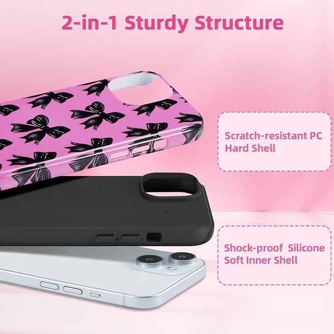 QLTYPRI Case for iPhone 15, Aesthetic Black Ribbon Bow Phone Case for Girls Women, Protective Hybrid 2-Layer Hard Shell Silicone Cover Durable Shockproof Phone Cover - Rose Red