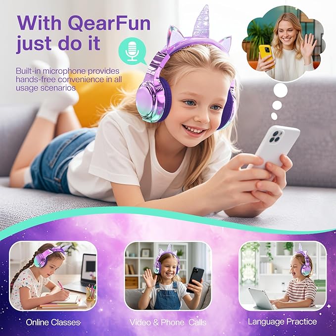 QearFun Kids Unicorn Bluetooth Headphones, 60H Playtime, 74/85/94dB Safe Volume Limit, Metallic Gradient Wireless Headset with Mic, Fast Charging, Foldable, Wired Mode for Girls School/Tablet/Travel