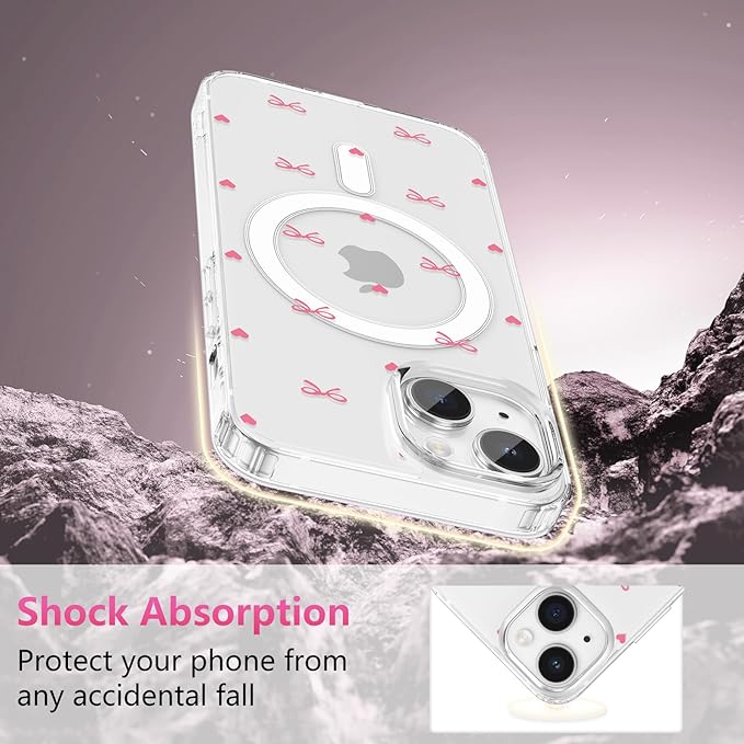 ZTOFERA for iPhone 15 Magnetic Case Clear,Cute Love Heart Ribbon Bow Tie Aesthetic Phone Case,Transparent Trendy Slim Soft Shockproof Protective Phone Cover for Women Girls,Rose Pink