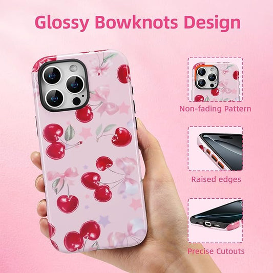 QLTYPRI Case for iPhone 16 Pro, Aesthetic Cute Pink Cherry Bow Phone Case for Girls Women, Protective Hybrid 2-Layer Hard Shell Silicone Cover Durable Shockproof Phone Cover - Pink