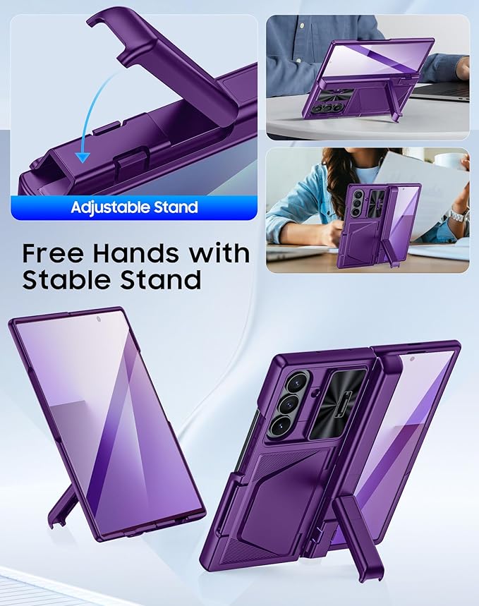 for Samsung Galaxy Z Fold 7 Case with Card Holder RFID Blocking, Built in Slide Lens Cover & Hinge Protection & Kickstand & Screen Protector, Shockproof Wallet Case for Z Fold 7 (Purple)