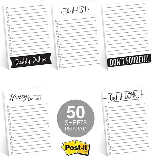 Daddy Duties Sticky Note Pads / 4" x 6" Repositionable Masculine Sticky Notes for Dad / 50 Sheets Per Pad Set of 5 / Made in USA
