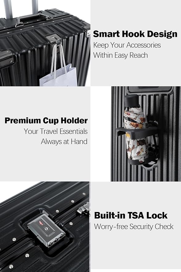 HotWay 20 Inch Aluminum Frame Carry On Luggage with Spinner Wheels, PC Hard Shell Suitcase with Cup Holder, Zipperless Luggage for Business Travel, Black