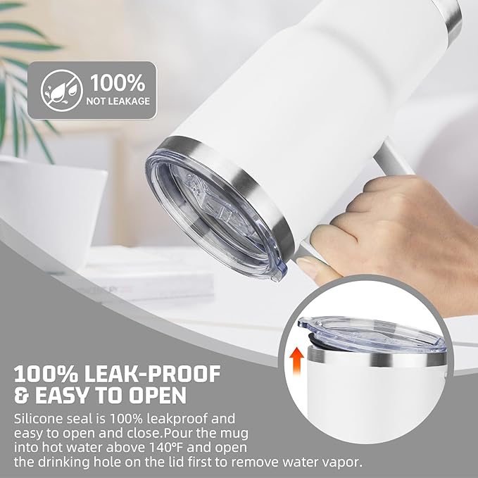 20 oz Tumbler with Handle Stainless Steel Insulated Coffee Mug Tumbler with Lid and Straw Double Wall Vacuum Insulated Coffee Mug Leak Proof Travel Mug Tumbler for Hot and Cold Drink (White,4pack)