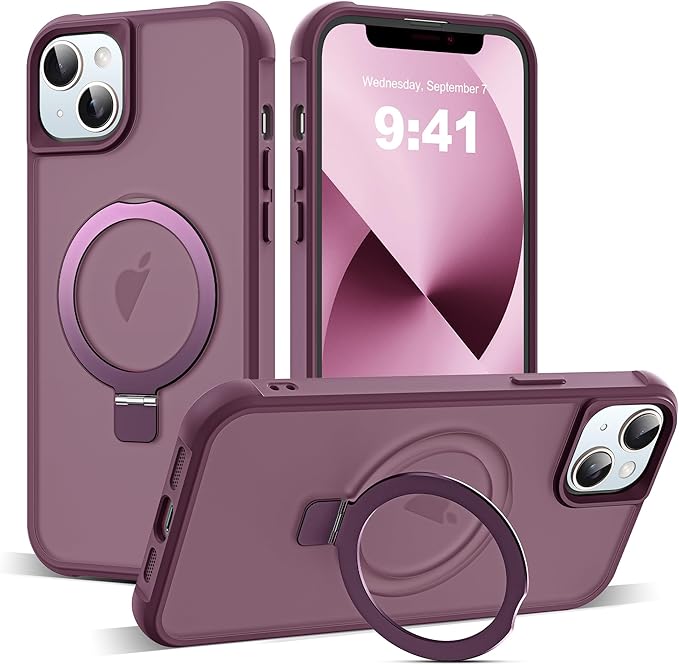 Compatible with iPhone 13 Case & iPhone 14 Case with Invisible Magnetic O-Ring Stand Translucent Phone Cases for 13 & 14 6.1" [Compatible with Mag-Safe][Great Grip Feeling], Wine Red