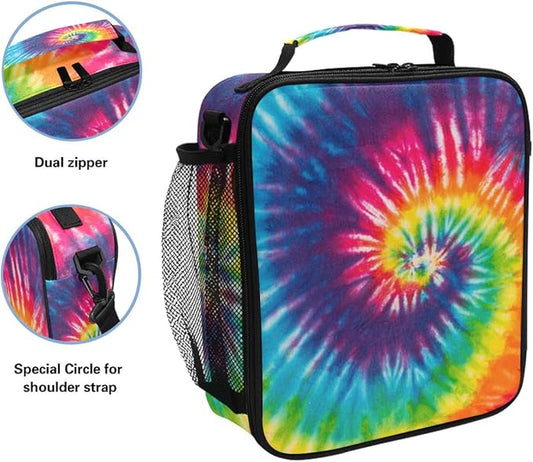 Lunch Box Bag Abstract Swirl Tie Dye Rainbow Lunchbox Insulated Thermal Cooler Ice Adjustable Shoulder Strap for Women Men Boys Girls