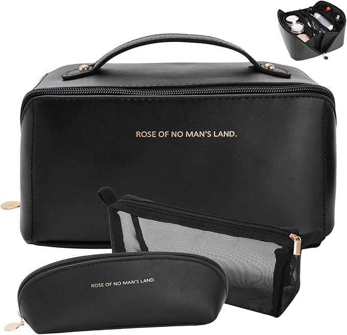 3 Pcs Travel Makeup Bag Portable Large Capacity Cosmetic Bags for Women Open Flat Makeup Case Organizer Bag Set of 3 Waterproof PU Leather Toiletry Bags with Divider and Handle (Black, Medium)
