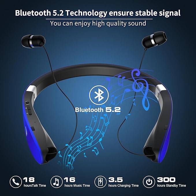 AMORNO Foldable Bluetooth Headphones Wireless Neckband Headset with Retractable Earbuds, Sports Sweatproof Noise Cancelling Stereo Earphones with Mic (Blue)