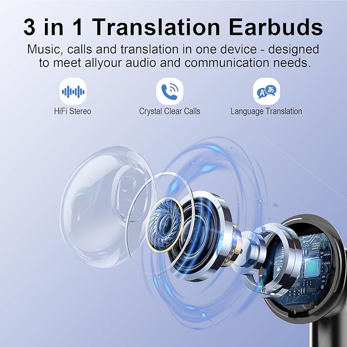 AI Translation Earbuds Real Time with Audio and Video Calls, 3-in-1 Language Translator Earbuds Support 164 Languages and 7 Translation Modes, 32H Buletooth 5.3 Headphones with Mic, Blue