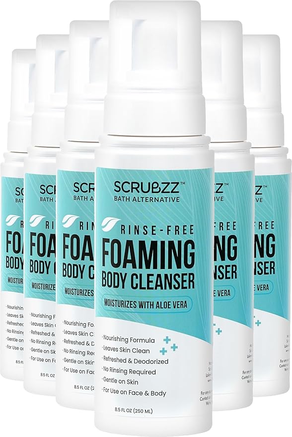 Scrubzz No Rinse Body Wash for Elderly, Rinse Free Cleansing Foam, Waterless Foaming Cleanser for Men and Women, Great for Camping, Gym and Post Workout, Hospital Stays and Post Surgery - 6 Pack