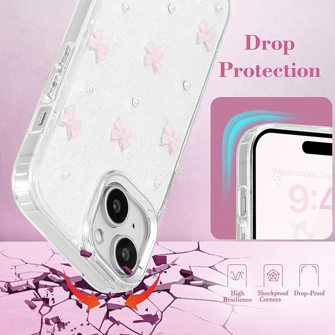 EYZUTAK Case for iPhone 15, Bling Glitter 3D Bowknot Phone Case Cute Sparkly Crystal Clear Bow Aesthetic Design Case Slim Soft Durable TPU Transparent Protective Cover for Women Girl - Pink Bow