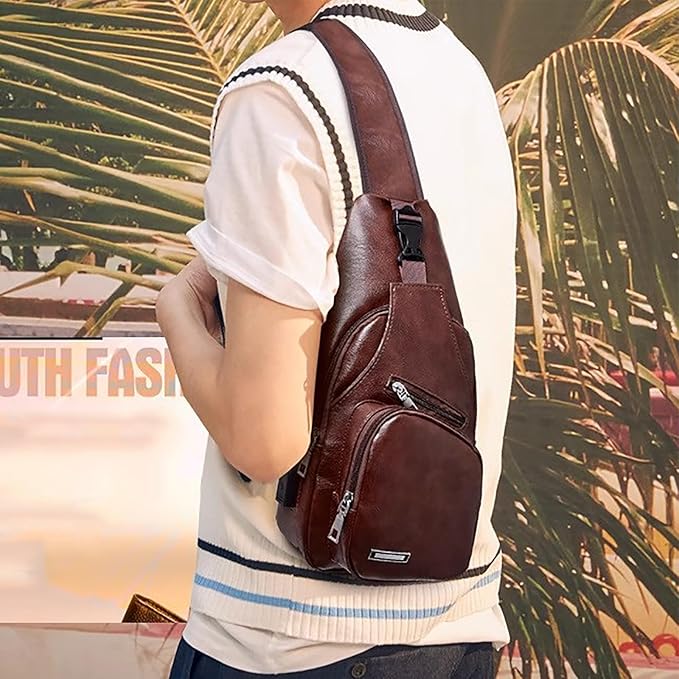 Peicees Leather Sling Bag Mens Crossbody Bag Chest Bag Sling Backpack for Men with USB Charge Port