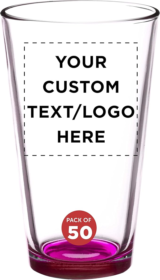 Custom Arc Pint Glass 16 oz. Set of 50, Personalized Bulk Pack - Beer Glasses, Heavy Duty Drinkware - Pink