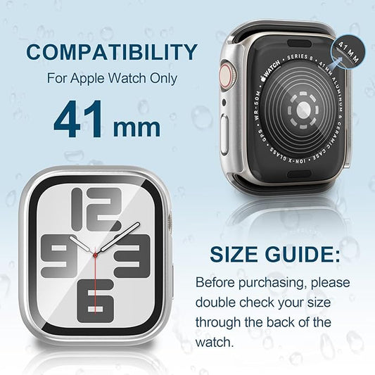 2 in 1 Waterproof Case for Apple Watch Screen Protector 41mm Series 7 8 9 Accessories with Tempered Glass Film Face Protective & PC Bumper Cover Compatible iWatch 41mm