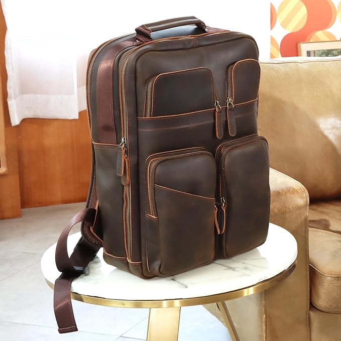 Polare 17.3 Inch Full Grain Leather Backpack for Men and Women Multi Pockets Business Travel Laptop Rucksack (Brown)