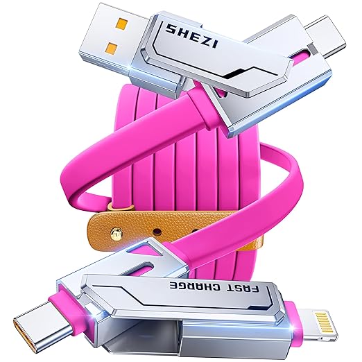 [2025 Upgrade] 4-in-1 USB C Cable 60W 5FT Compatible With Lightning Cable [Fast Charging & Data Transfer] Flat Type C/A to C/L Cord for iPhone/iPad, Multi Charger Wire Combo for All Devices (Pink)