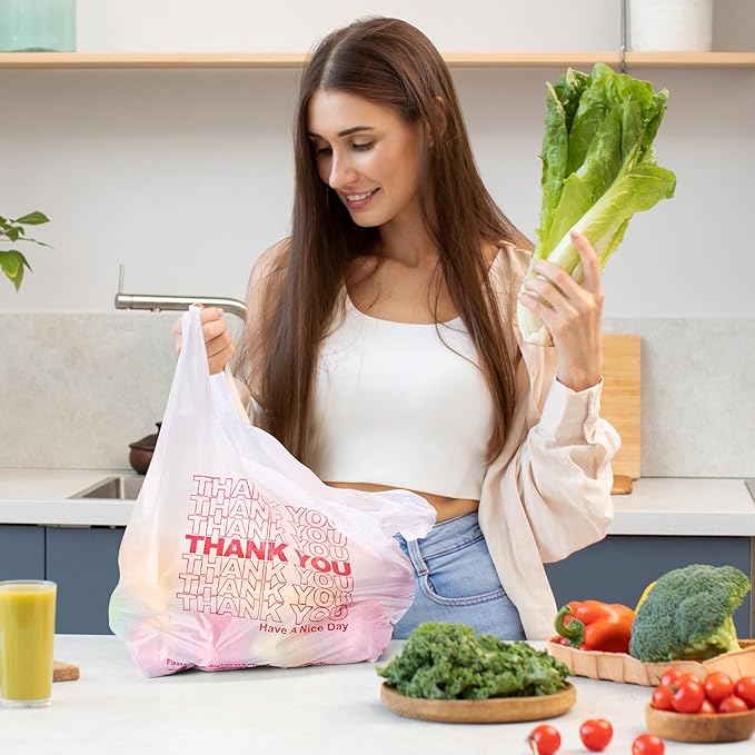 Delxo Grocery Bags Thank You Plastic T-Shirt Bag (1000 Count), White Supermarket Shopping Bags with Handles for Restaurant, Retail, To Go, Takeout, Convenience Stores 11.5 x 6.5 x 21 In