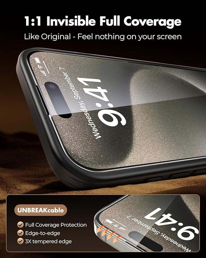 UNBREAKcable 3-Pack Screen Protector for iPhone 15 Pro Tempered Glass - [One-Pull Perfection] [Auto Dust-Elimination] [9H+ Hardness] [99.99% HD Clear] Full Coverage for iPhone 6.1 inch